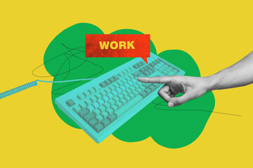 Creative collage keyboard computer device finger gesture push buttons work remote job freelance...