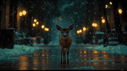 Deer in snowy city park at night.