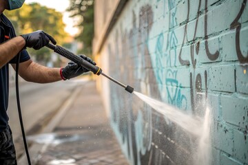 Close Up on Hands Cleaning Service Worker Removing Graffiti From Wall With Pressure Washer.