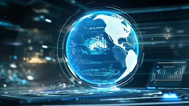 Global Network Connection: Futuristic holographic globe on digital interface, representing worldwide connectivity and technological advancement.   - Powered by Adobe