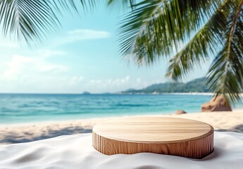 Wooden podium on a white sand beach with a blue ocean and palm tree summer background