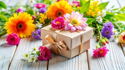 Rustic Craft Gift Box & Flowers: Nature Light Photography