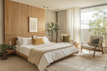 Luxurious and serene bedroom with a modern yet cozy design. large king-sized bed with soft, fluffy pillows and a plush duvet sits at the center, framed by an elegant, tufted headboard, fabric wall