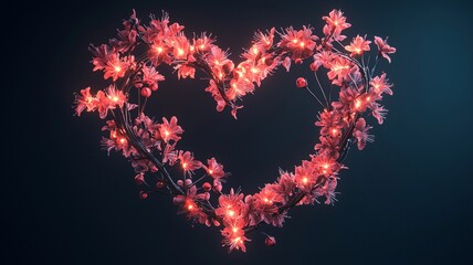 A vibrant heart shaped arrangement of glowing flowers, perfect for romantic themes