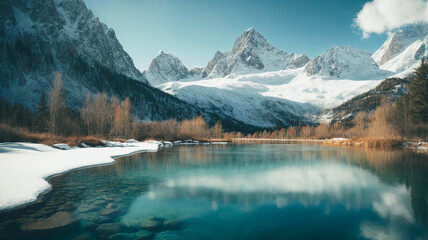 Serene Winter Wonderland with Pristine Waters and Snowy Mountains