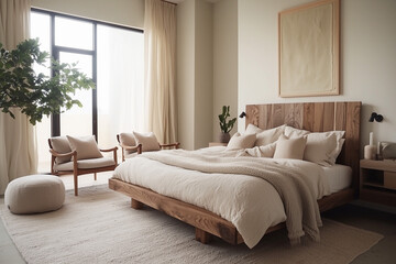 Minimalist bedroom with armchairs, a low-profile bed, and a headboard made from reclaimed wood. with pops of dusty pink in the cushions and throw blankets.