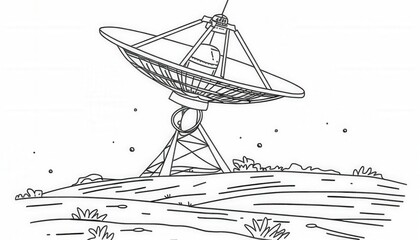 A large satellite dish scans the sky from a hilltop. Ideal for space exploration, science, and technology projects.