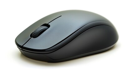 A black computer mouse with a white background