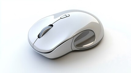 A white computer mouse with a silver finish