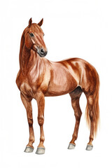Obraz premium This realistic artwork features a majestic chestnut horse standing proudly, showcasing the beauty of its form and details in stunning colors against a white background.
