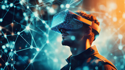 Hologram virtual reality programming. Virtual reality programming made of polygons, triangles, dots, and lines. Low-poly virtual reality programming structure of connections. Technology concept vector