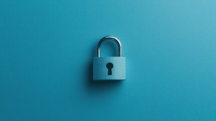 Fototapeta premium Minimalist photo of a padlock on a soft sky-blue background, centered with clean lines.