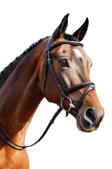 Fototapeta premium A beautiful close-up portrait of a majestic horse wearing a bridle harness, showcasing its strong features and gentle spirit against a clean, white backdrop.