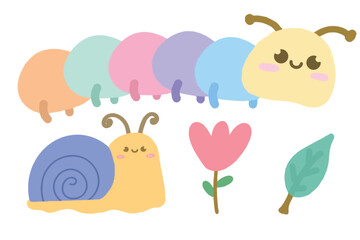 Cute caterpillar, snail, and leaf element with kawaii style. Suitable for flat design illustration, clip art, stickers, etc