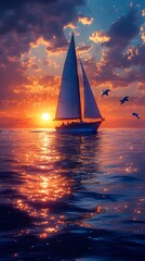 Fototapeta premium Solitary Sailboat Navigates Serene Ocean at Vibrant Sunrise with Dolphins Leaping in its Wake
