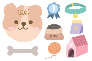 Set of cute dog pet element set with kawaii style. Suitable for flat design illustration, clip art, stickers, etc