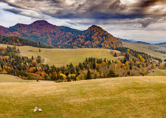 View from the drone of the Pieniny Mountains in Poland