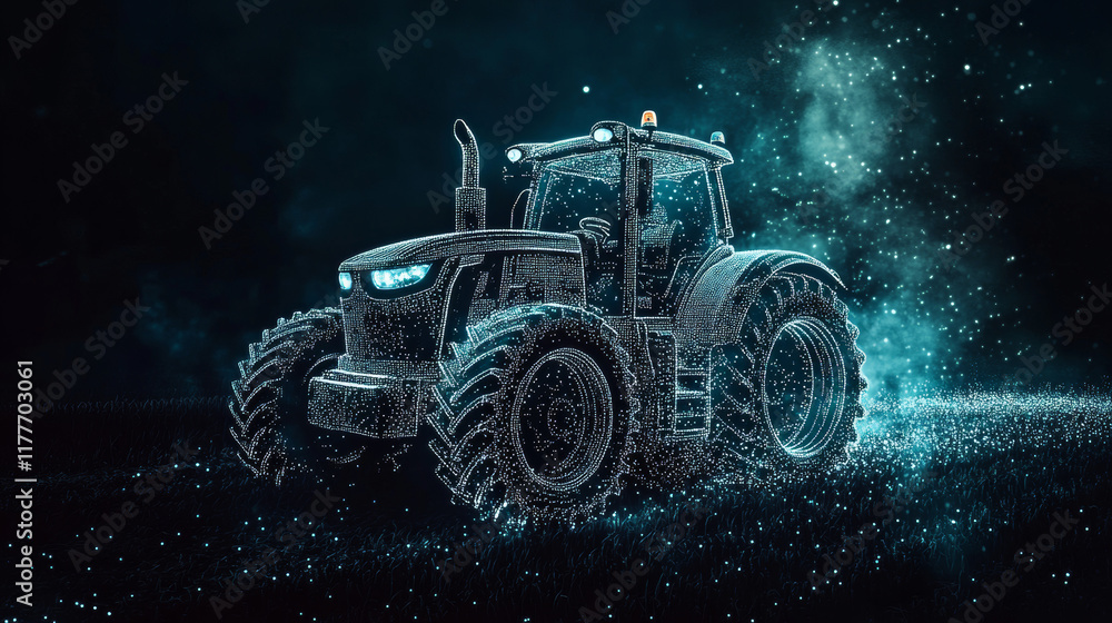 Aufkleber the tractor which consists of points. particles in the form of a tractor on a dark background. vecto