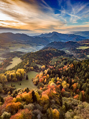 View from the drone of the Pieniny Mountains in Poland