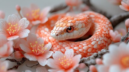 Fototapeta premium Coiled Snake Surrounded by Delicate Floral Patterns in Soft Colors