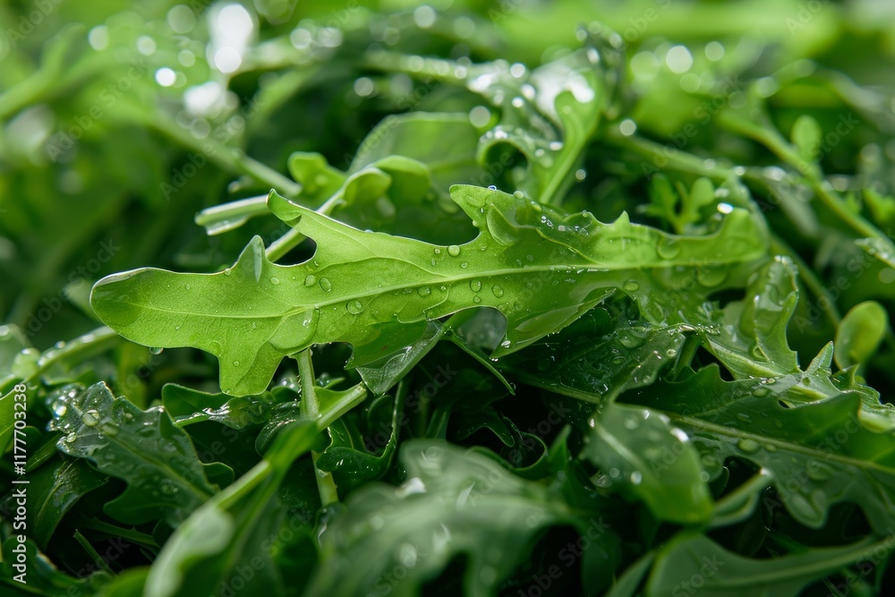 Poster freshly washed arugula with water droplets clinging to its leaves, creating a vibrant and appetizing