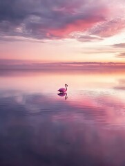 Fototapeta premium Solitude at Sunset: A single flamingo gracefully floats in a serene lake, its pink plumage reflecting off the tranquil water as the sun dips below the horizon.