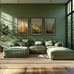 Home interior, A living room with green walls, a  large moss green sofa. Soft morning light, a modern style.