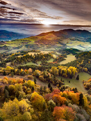 View from the drone of the Pieniny Mountains in Poland