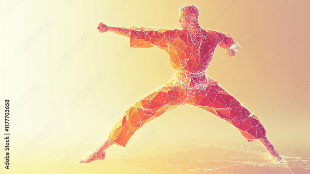 Poster hologram of karate. karate jump from polygons, triangles of points and lines. low poly karate connec