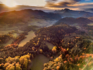 View from the drone of the Pieniny Mountains in Poland