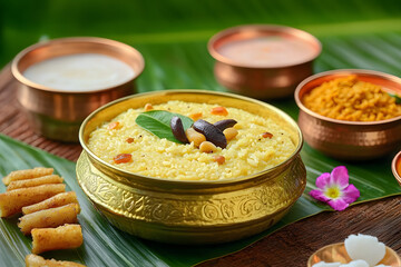 Ven Pongal Khara Pongal with Sambar coconut Chutney popular Indian breakfast food Tamil Nadu festival Pongal Sankranti Diwali spicy pongal prepared with rice lentil semolina rava South India Sri Lanka