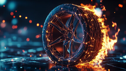 The hologram wheel. A tire made of polygons, triangles of points and lines. The wheel is on fire with a low-poly joint structure. Technology concept vector.