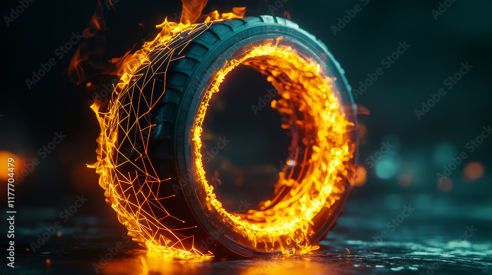 Aufkleber the hologram wheel. a tire made of polygons, triangles of points and lines. the wheel is on fire wit