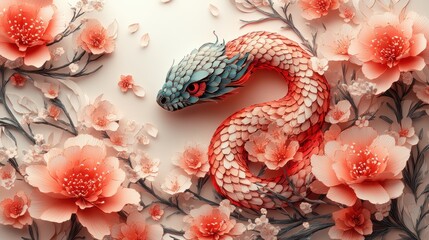 Obraz premium Coiled Snake with Delicate Floral Patterns in Soft Colors
