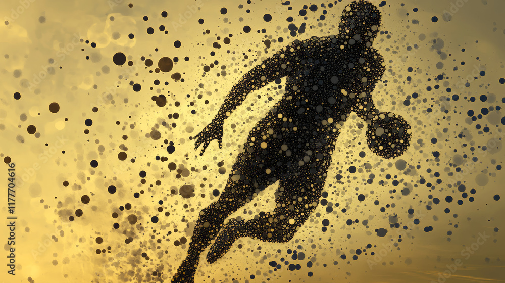 Poster silhouette of a football player from the particles. the player consists of small circles