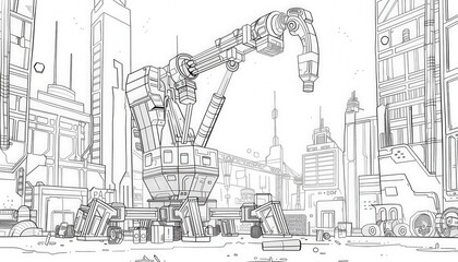 Obraz premium Futuristic cityscape line art with intricate details of buildings and machinery. Ideal for coloring books, concept art, or background illustrations.