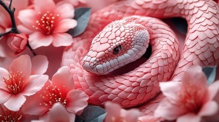 Fototapeta premium Pink Coiled Snake Surrounded by Delicate Floral Patterns