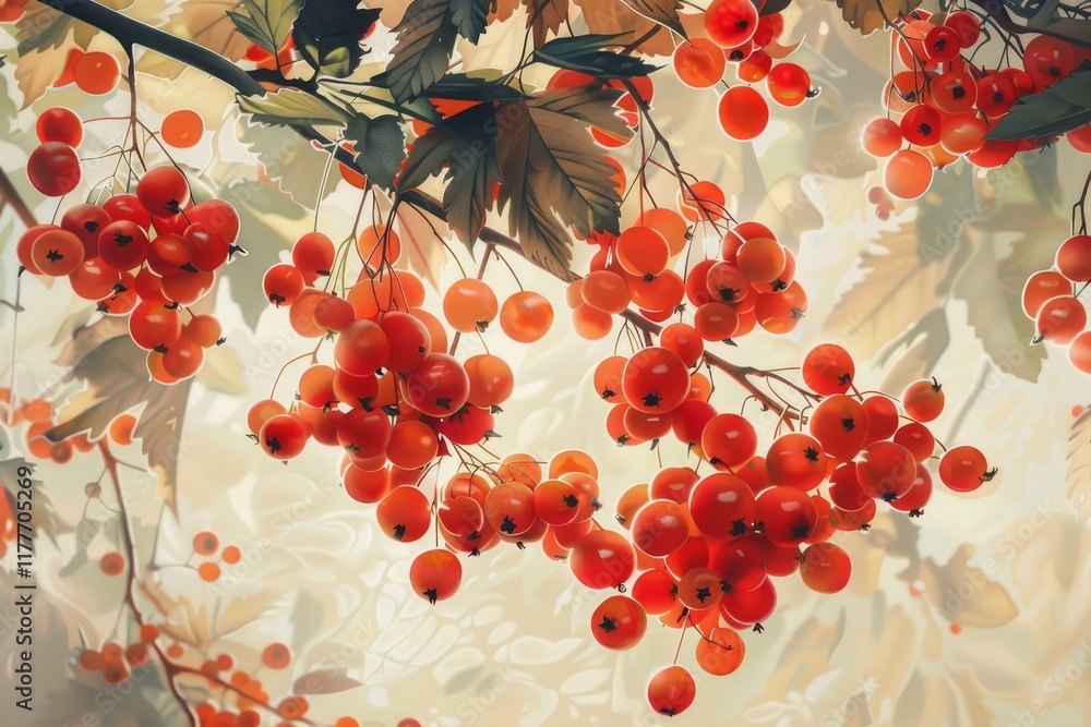 Aufkleber sun shining through rowan tree branches with red berries hanging down in autumn