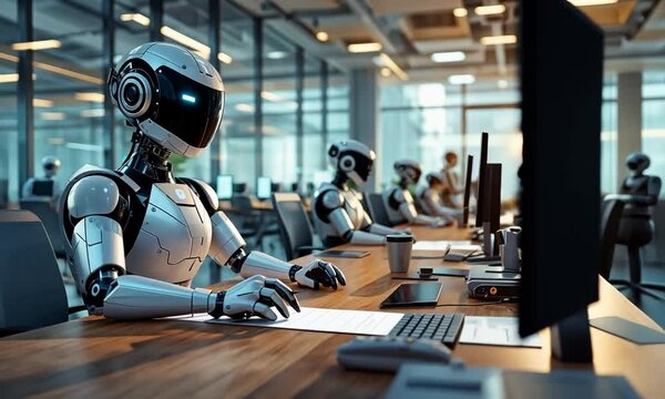 A Futuristic Office: AI Systems and Robots Replacing Human Employees, Representing the Workforce Shift

