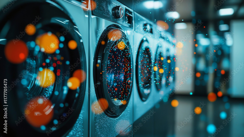 Poster washing machine made up of particles. washing machine consists of small circles and dots