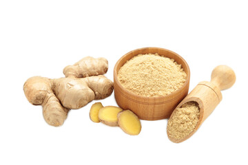 Ginger powder in bowl with fresh ginger root isolated on white background. Top view