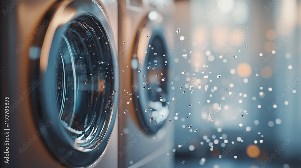 Poster washing machine made up of particles. washing machine consists of small circles and dots