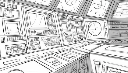 A monochrome sketch of a spaceship control panel. Ideal for sci-fi games or comic books visualizing futuristic technology and complex interfaces.