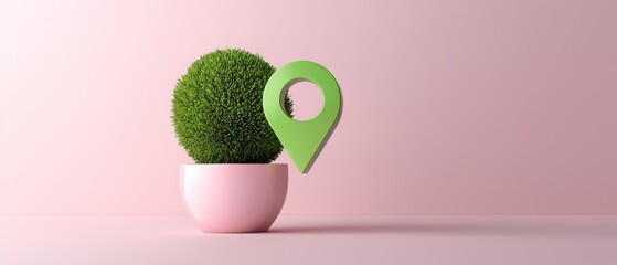 Obraz premium Green Plant in Pink Pot with Location Icon on Soft Pink Background