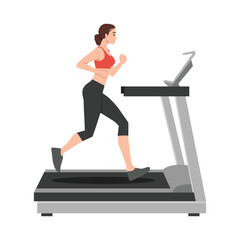 Fototapeta premium Woman running on the treadmill. Flat vector illustration isolated on white background