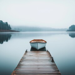 Obraz premium A peaceful wooden boat docked at a quiet lake, enveloped in fog, evoking serenity and tranquility.