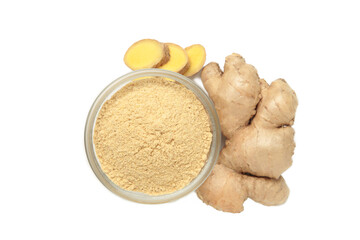 Ginger powder in bowl with fresh ginger root isolated on white background. Top view