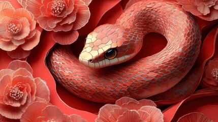 Fototapeta premium Stunning Golden Snake Slithering Through Vibrant Red Flowers