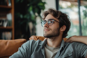 Obraz premium A young man gazes thoughtfully while sitting in a cozy room.