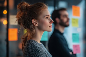 Two individuals appear deep in thought, showcasing contemplative expressions in a modern setting.